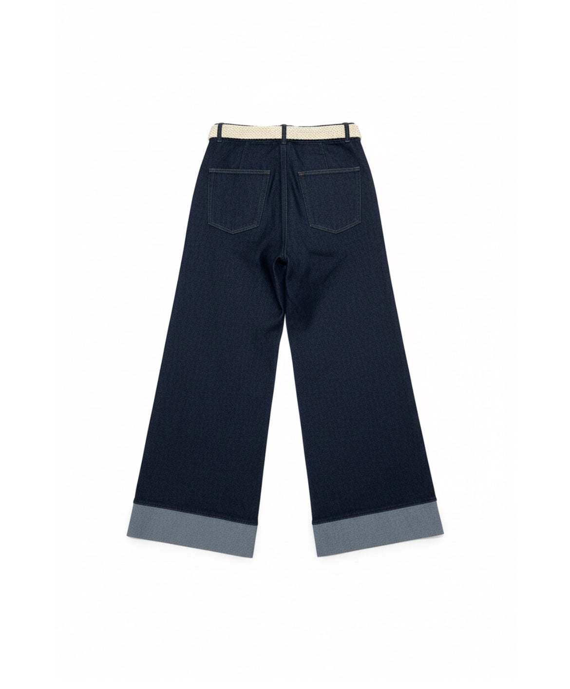 Pantalón Vaquero Wide Leg Mujer con Cinturón Trenzado – Azul Marino