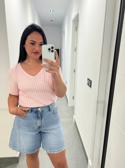 Camiseta de Punto Trenzado Mujer Escote en V