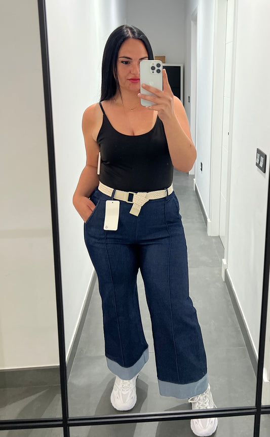 Pantalón Vaquero Wide Leg Mujer con Cinturón Trenzado – Azul Marino