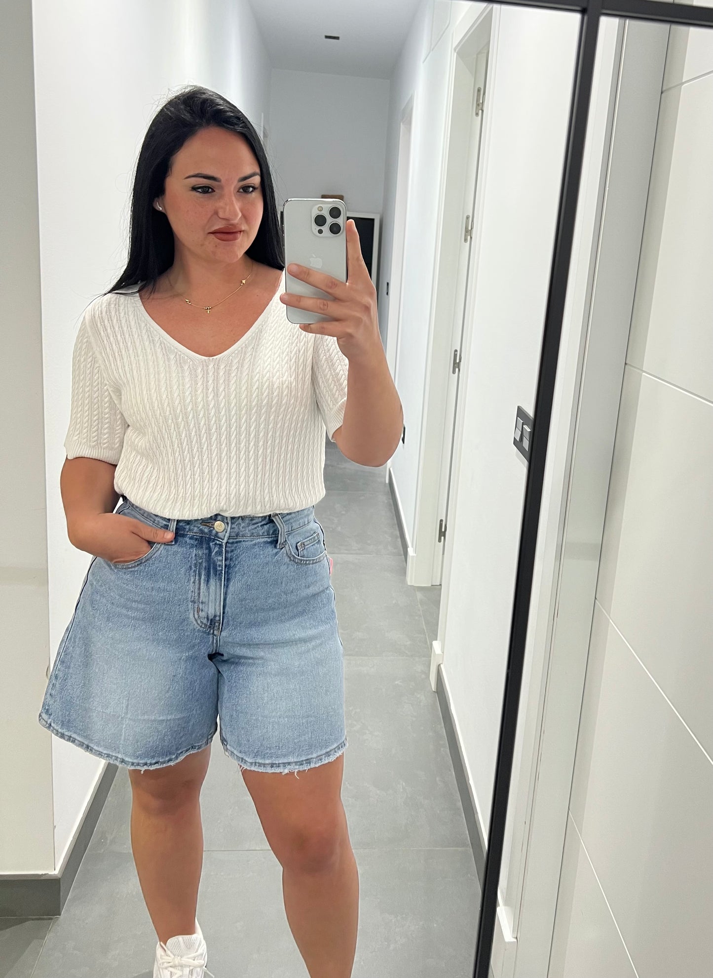 Camiseta de Punto Trenzado Mujer Escote en V