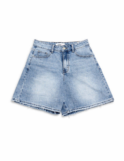 Shorts Vaqueros de Tiro Alto Mujer con Bajo Deshilachado – Azul Claro