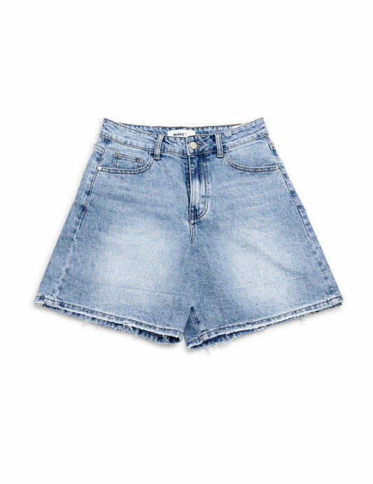 Shorts Vaqueros de Tiro Alto Mujer con Bajo Deshilachado – Azul Claro