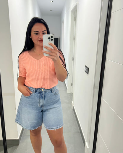 Camiseta de Punto Trenzado Mujer Escote en V