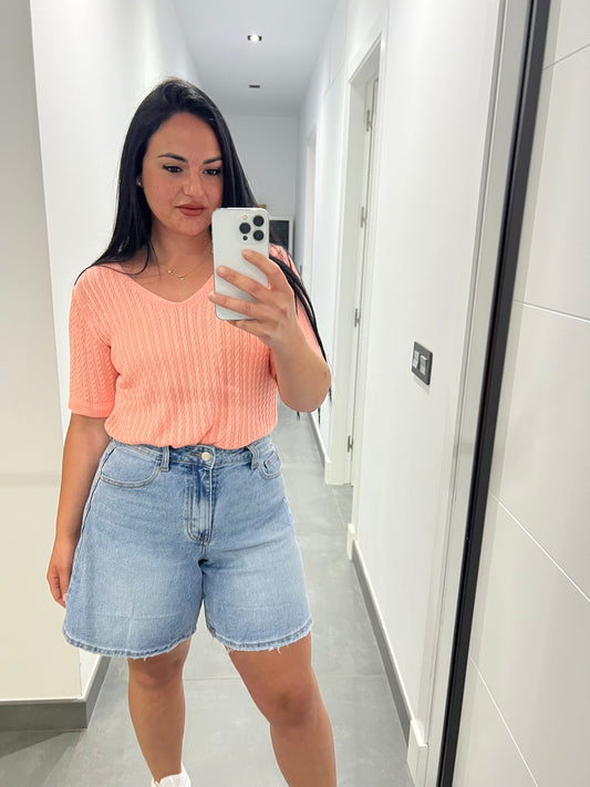 Camiseta de Punto Trenzado Mujer Escote en V