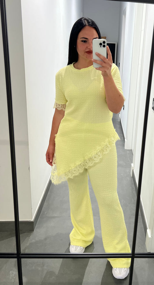 Conjunto Encaje Mujer Punto Rizado con Pantalón Wide Leg – Talla Única