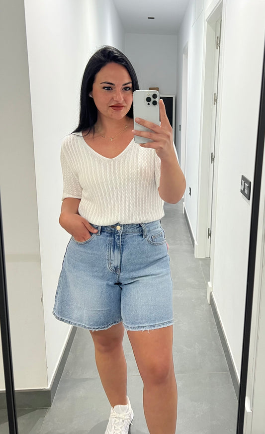 Camiseta de Punto Trenzado Mujer Escote en V