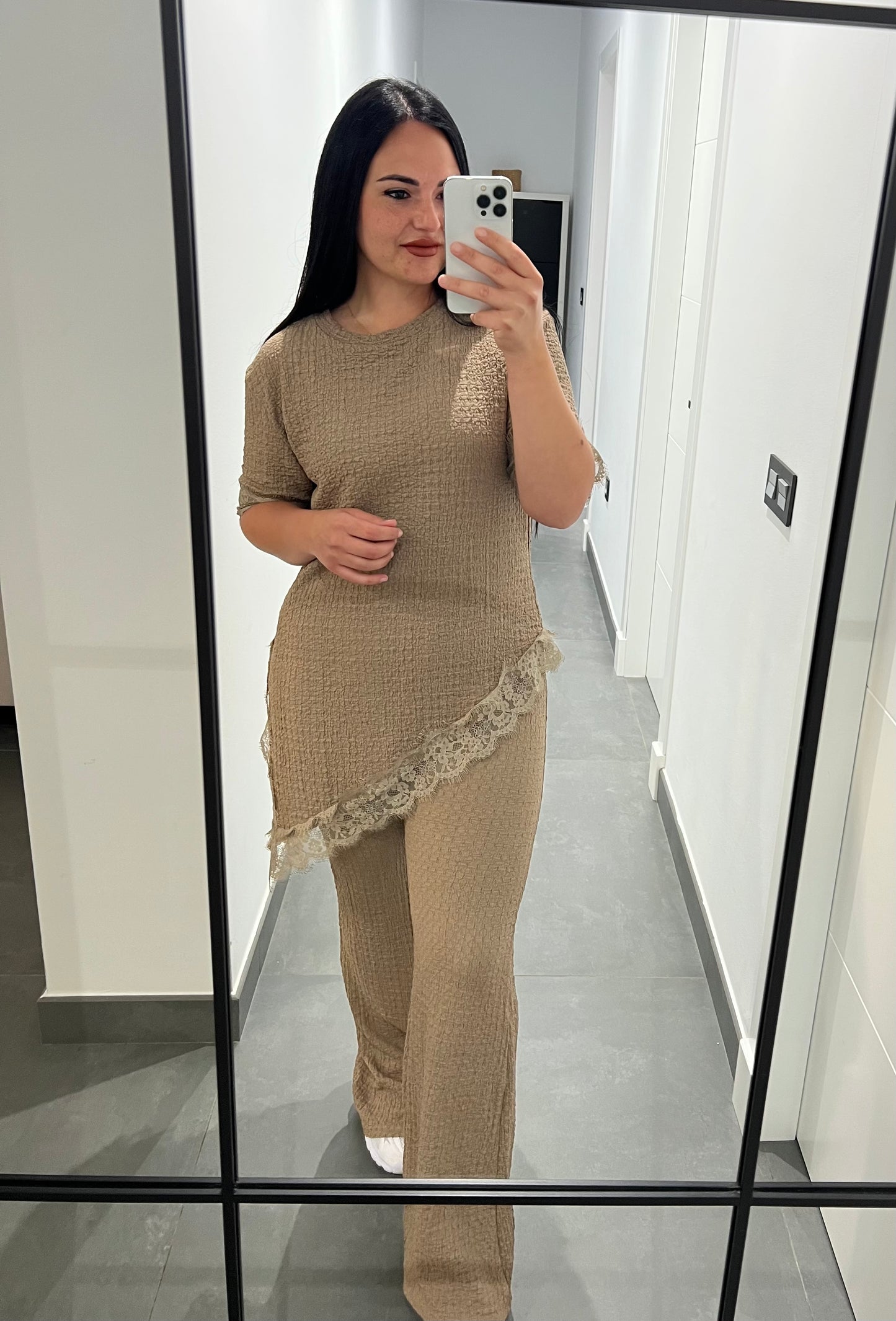 Conjunto Encaje Mujer Punto Rizado con Pantalón Wide Leg – Talla Única