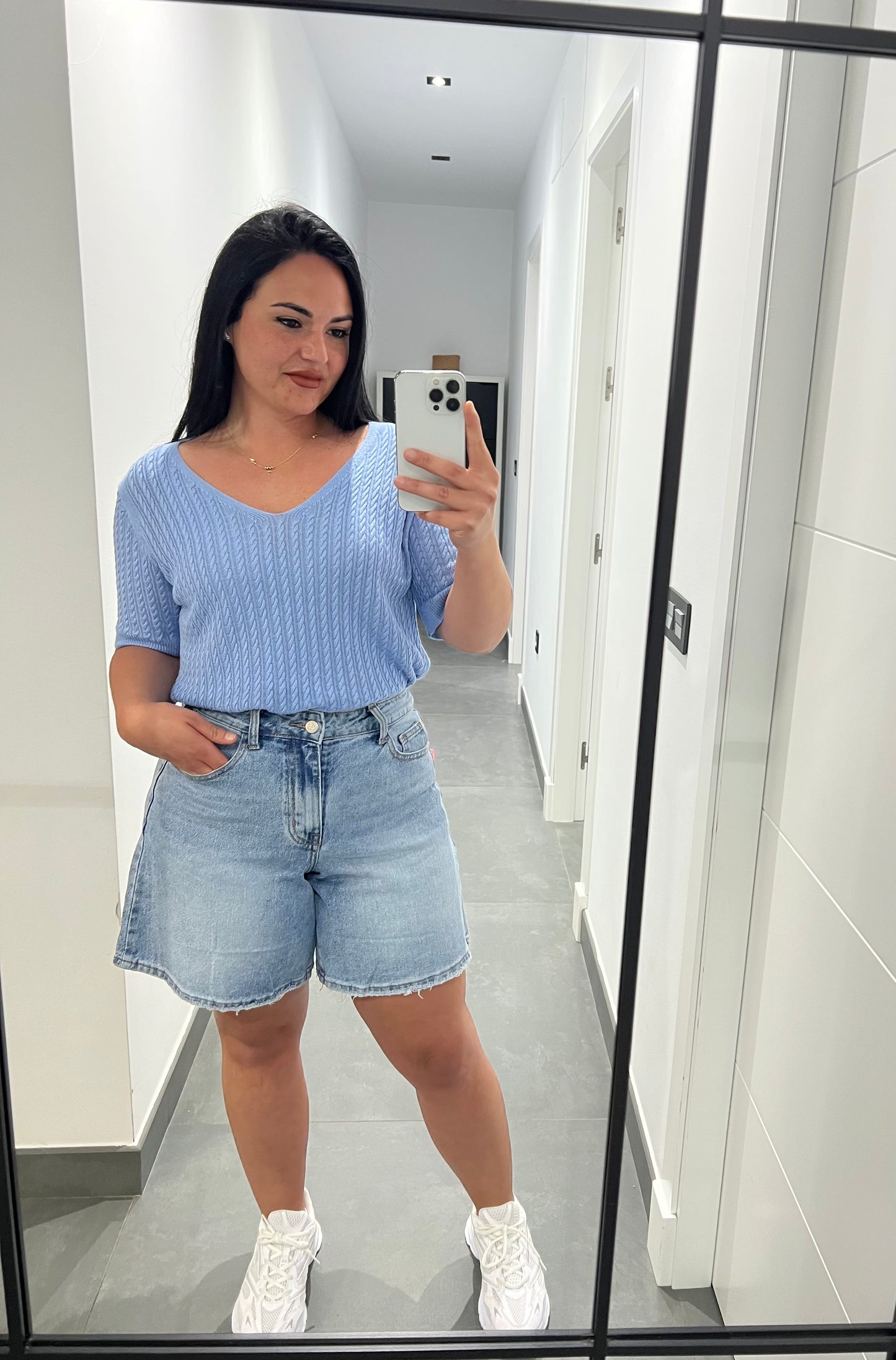 Camiseta de Punto Trenzado Mujer Escote en V