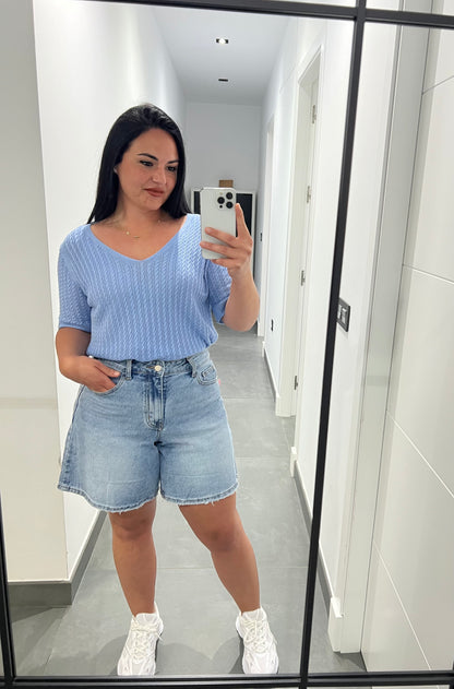 Camiseta de Punto Trenzado Mujer Escote en V