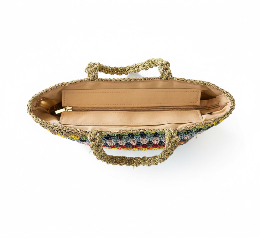 Bolso Tote Crochet Multicolor con Asas Doradas
