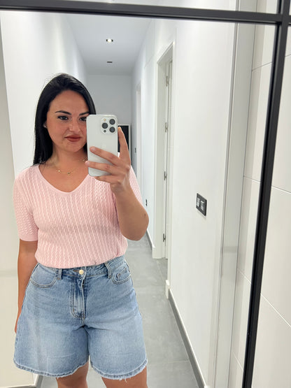 Camiseta de Punto Trenzado Mujer Escote en V