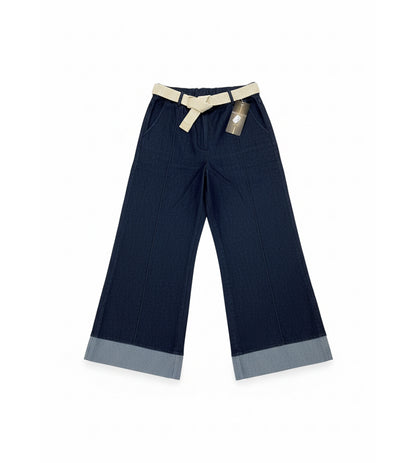 Pantalón Vaquero Wide Leg Mujer con Cinturón Trenzado – Azul Marino